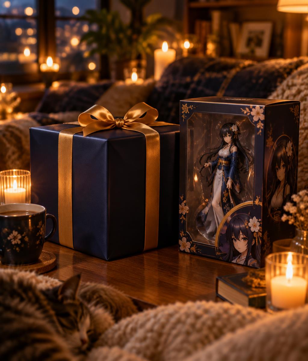 Coffret cadeau Tsuki Figures, emballage bleu nuit et ruban doré